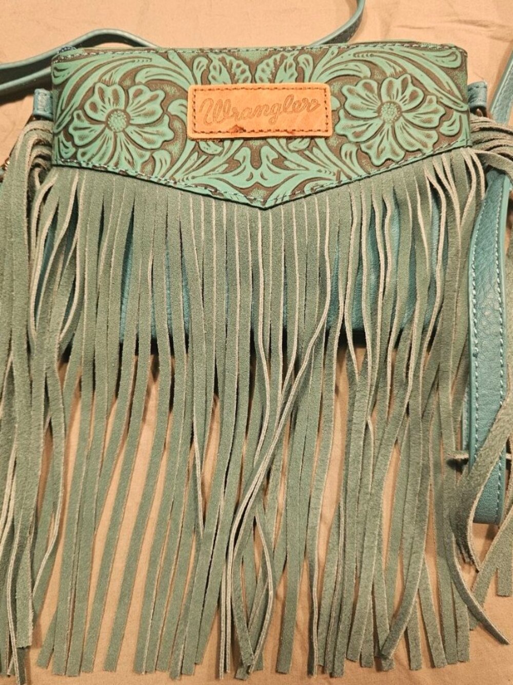 Turquoise Wrangler Crossbody bag features vintage floral tooling and authentic - Picture 2 of 9